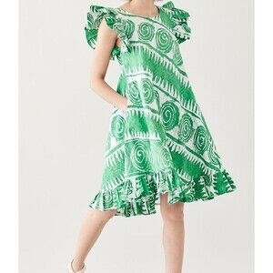 NWT Busayo Green African abstract ruffle sleeve Taiye midi Dress Nigeria design